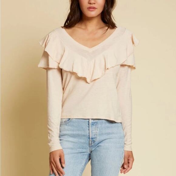 NATION LTD KELSEY RUFFLED ROMANCE TEE Antique Long Sleeve V Neck Small - Picture 1 of 16